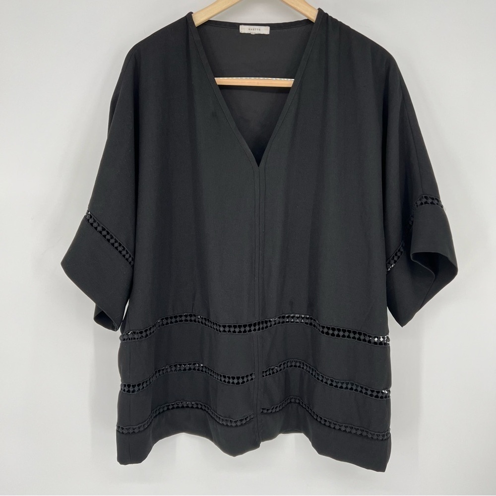Maette Womens Tunic Top‎ Black 3/4 Sleeve V Neck Lace Pullover Blouse L - Picture 2 of 13